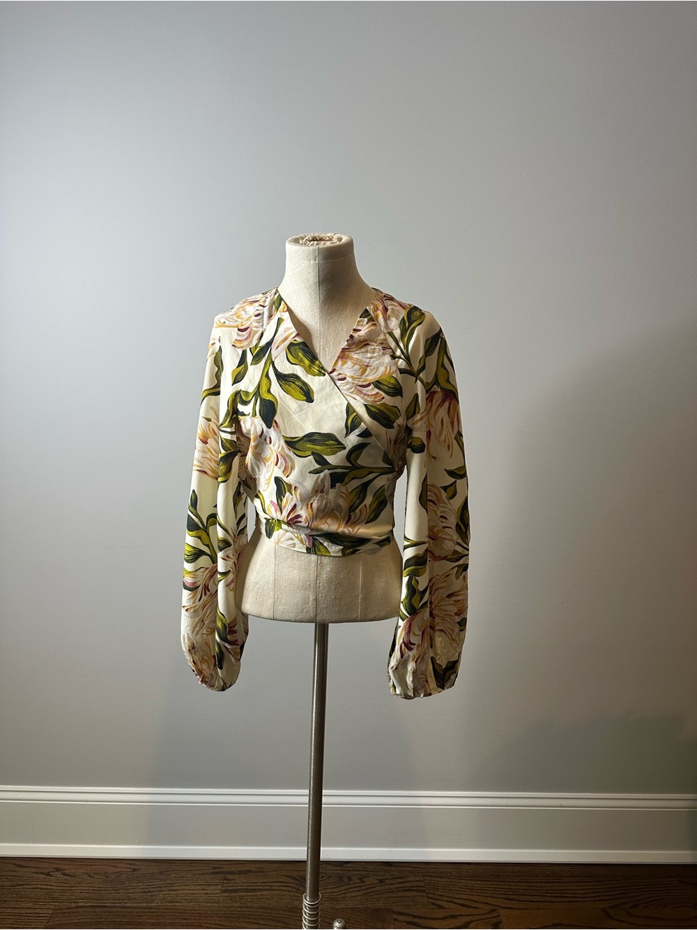 Mara Hoffman Cream Floral Wrap Blouse with Green Leaves